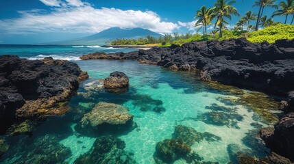 Fototapeta premium Tropical Island Paradise Volcanic Coastline, Crystal Clear Water, Palm Trees