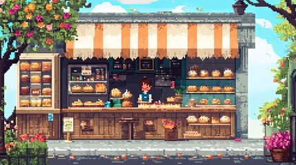 Naklejka premium Charming Pixel Art Bakery Shop Illustration