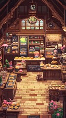 Fototapeta premium Charming Pixel Art Bakery Interior: Vintage Shop with Pastries and Flowers