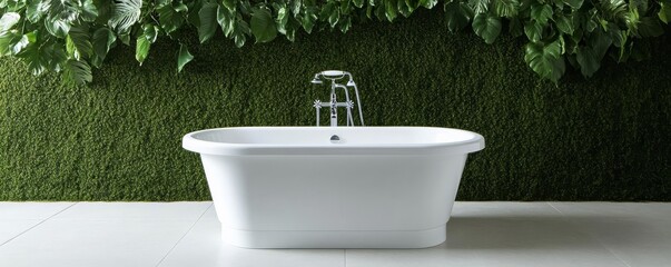 Freestanding tub in spacious bathroom, surrounded by greenery, spa-inspired natural look