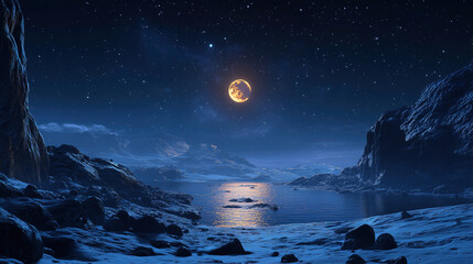 Fototapeta premium A serene night landscape with a glowing moon reflected on calm waters surrounded by rocky terrain under a starlit sky. Generative AI
