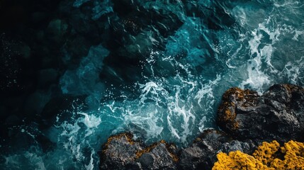 Ocean Waves Crashing Against Rocky Coastline, Teal Water