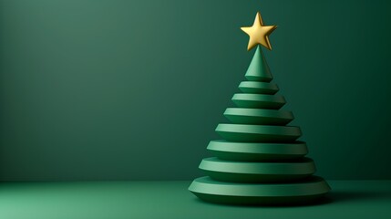 Stylized green spiral Christmas tree with a golden star on top, set against a deep green background.