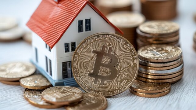A tiny house model beside a large Bitcoin coin suggests concepts of digital currency's impact on the real estate market, lending a modern twist to traditional housing.