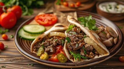 A delightful plate of Lebanese shawarma, thinly sliced marinated meat wrapped in pita bread with tahini sauce and pickles