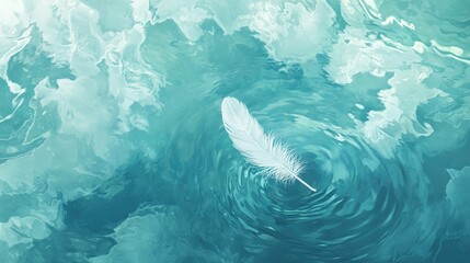 Fototapeta premium A delicate white feather floating gently on calm turquoise water, surrounded by soft ripples and subtle reflections, creating a peaceful ambiance.