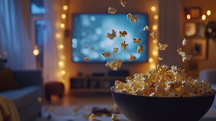 Popcorn Flying Through the Air in a Cozy Living Room