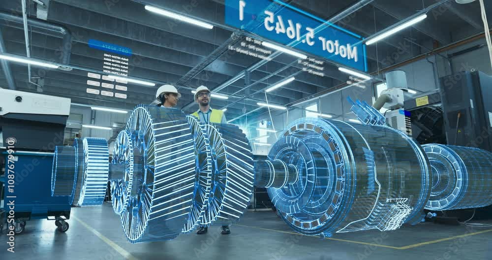 Poster Engineers Examine Holographic Turbine Engine in High-tech Factory. Augmented Reality Display Shows Intricate 3d Model, Design and Analysis Processes for Advanced Manufacturing Innovation.