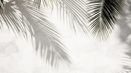 Fototapeta premium Palm tree shadow on a white wall, sunlight filtering through leaves, creating a tropical mood