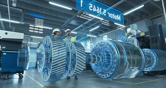 Engineers Examine Holographic Turbine Engine in High-tech Factory. Augmented Reality Display Shows Intricate 3d Model, Design and Analysis Processes for Advanced Manufacturing Innovation.