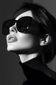 Fototapeta Minimalist black and white photography  a woman in elegant sunglasses  sleek hair  wearing modern attire  dramatic lighting 