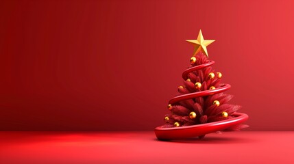 Modern abstract red Christmas tree with gold ornaments and a star on a vibrant red background.