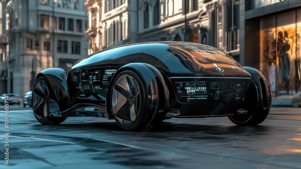Poster a self-driving vehicle featuring cutting-edge ai technology operates autonomously through busy city 