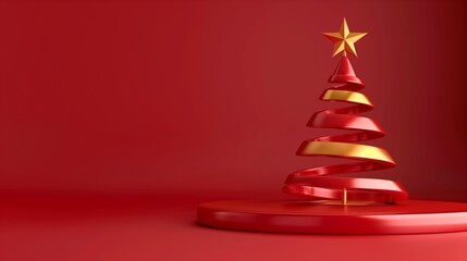 A modern abstract Christmas tree with swirling red and gold ribbons and a gold star on top, set against a red background.