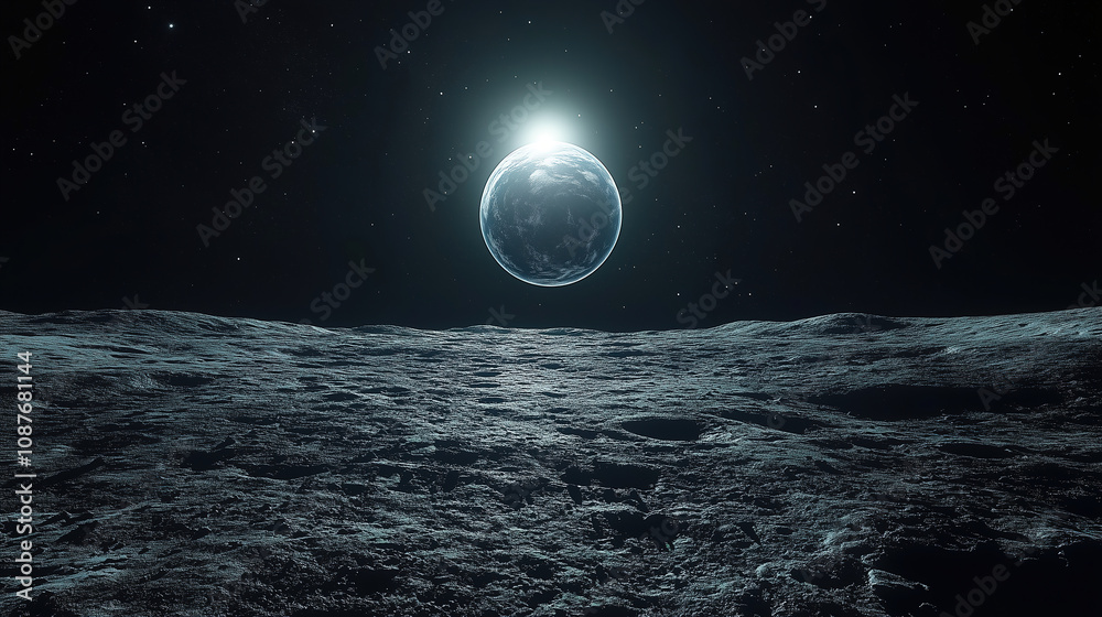 Poster breathtaking view of earth rising from the lunar surface during a tranquil lunar dawn. generative ai