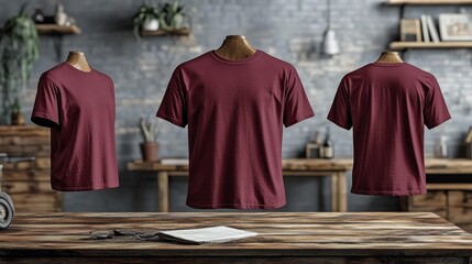 Naklejka premium Maroon T-Shirt Mockup Front Side Back Views. Generative AI