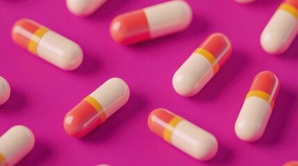 Multiple orange and white capsules on a pink background
