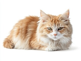 Fluffy orange cat lying on a white isolated background.