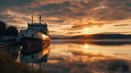 Golden Sunrise Ship Reflection, Calm Waters, Misty Shore