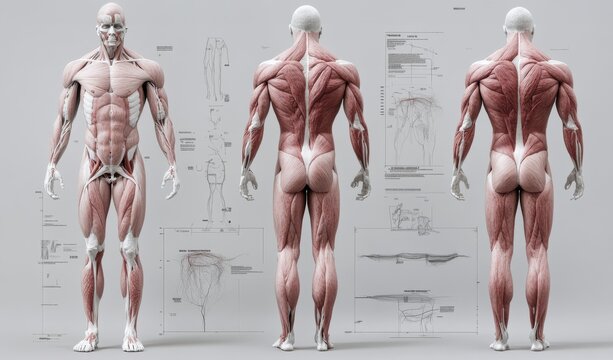 An intricate artistic depiction of human muscular anatomy, displaying both front and back views, highlighting muscle groups with scientific precision.