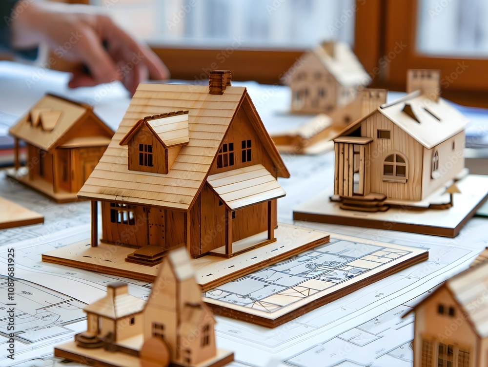 Aufkleber detailed architectural model of wooden houses on blueprints in modern workspace with soft natural li