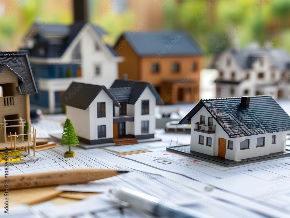 Aufkleber Detailed Architectural Model Display on Drafting Table with Miniature Homes and Blueprints in Bright Workspace