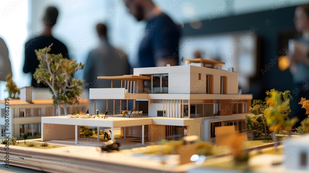 Poster modern architectural model showcase highlighting innovative design elements and sustainable features