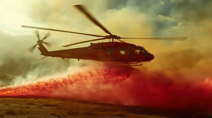 Fototapeta premium Civil helicopters, firefighting missions, battling wildfires drop water or fire retardant on hard-to-reach areas