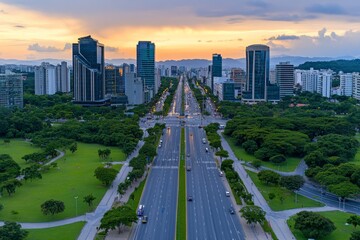 Aerial view of a modern metropolitan area with sleek office buildings and expansive plazas