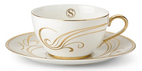 Saucer Underneath A delicate saucer with a flowing s design painted in glimmering gold providing a harmonious base for the accompanying cup.