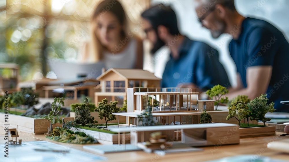 Aufkleber Architectural Models and Designers Collaborating in a Bright Indoor Workspace with Nature-Inspired Elements and Modern Design Concepts