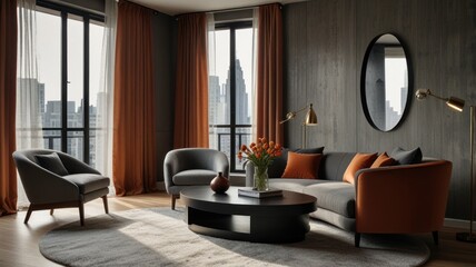 Here's a description and keywords for your stock photo.. Modern living room with city view, gray and orange accents, oval coffee table, and floor-to-ceiling windows.