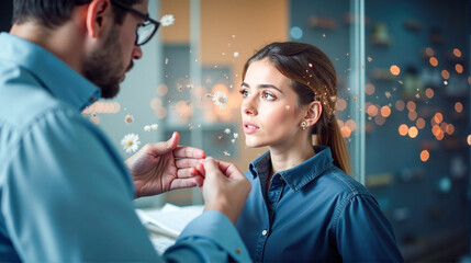 A thoughtful discussion between a man and woman in an office setting during a well-lit afternoon with creative touches