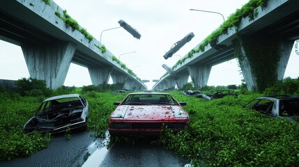Fototapeta premium Abandoned vehicles surrounded by nature urban landscape digital art overgrown environment dystopian viewpoint environmental concept