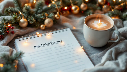 Flat lay of a resolution planner with cocoa, ornaments, and festive stationery.

