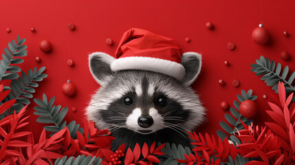 cute raccoon wearing a Santa hat on a red background with Christmas decorations