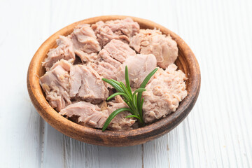 Canned tuna in bowl photography . Top view