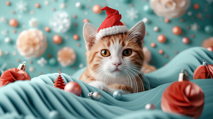 Cute orange and white cat wearing a Christmas hat, surrounded by festive decorations 