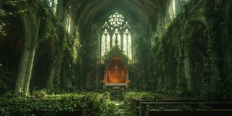 Overgrown Gothic cathedral with ornate carvings and lush greenery