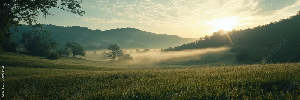 Poster soft sunlight illuminates the mist hovering over green hills as the day begins in a tranquil country