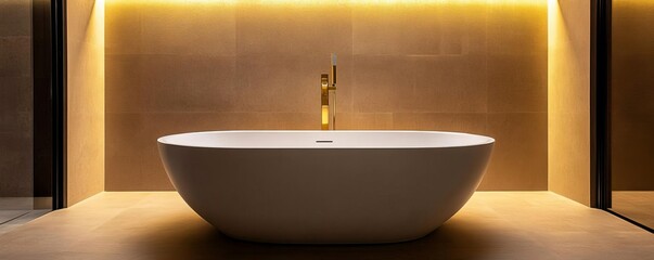 Spacious bathroom with freestanding bathtub, warm lighting, gold accents, opulent touch