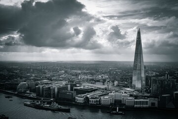 The Shard towers over London&rsquo;s skyline, its sharp design contrasted with the sprawling city below, with dramatic clouds in the sky.