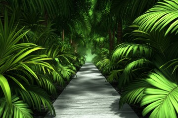 Digital 3D illustration of a jungle adventure with realistic textures and vibrant foliage, capturing depth and immersion