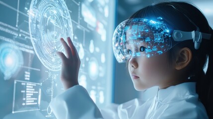 Plakat Child using augmented reality technology in a modern classroom interactive learning futuristic environment close-up view innovation