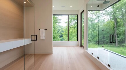 Spacious glass-walled shower, open floor plan, nature-inspired luxury design