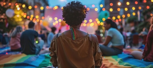 Fototapeta premium LGBTQ Pride Celebration at Outdoor Film Screening with Friends