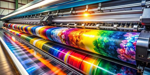 Vibrant Large Format Printing Colorful Textile Roll, Industrial Machinery, Digital Printing Process large format printing, textile printing