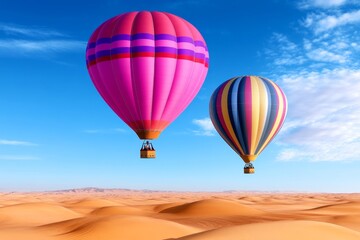 Fototapeta premium Hot air balloons floating over a vast desert at sunrise, symbolizing exploration and discovery