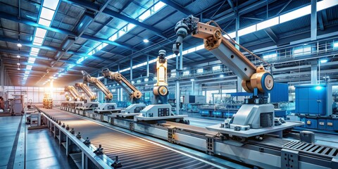 Naklejka premium Smart Factory Automated Robotic Assembly Line, Industrial Robots, Conveyor Belt System, High-tech Manufacturing Automation, Robotics