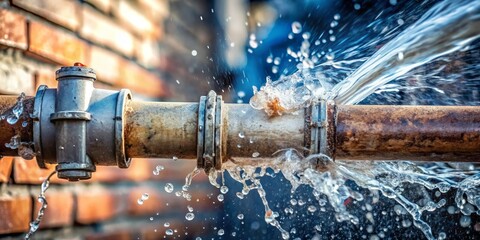 Rusty Pipe Burst Water Leak Close-up, Dynamic Composition, Abstract Blue Tones, Water Damage Water Leak, Pipe Repair